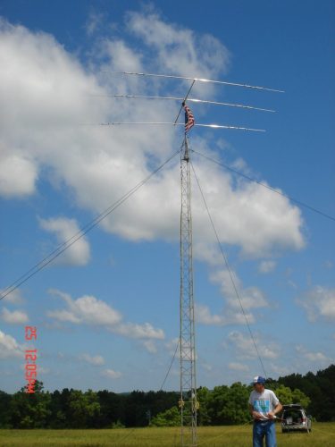 N8AR readies the ON4AA off center fed dipole for hoisting up the tower