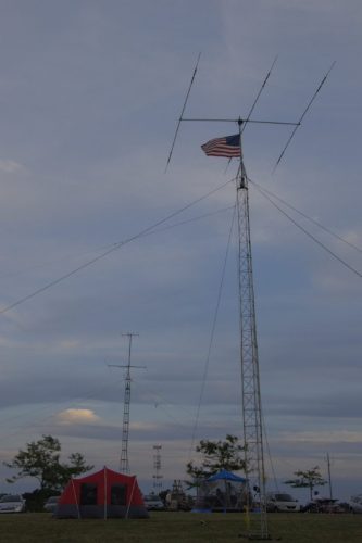 The 80 meter operating position (red tent) and the GOTA and 6 meter stations (blue tent)